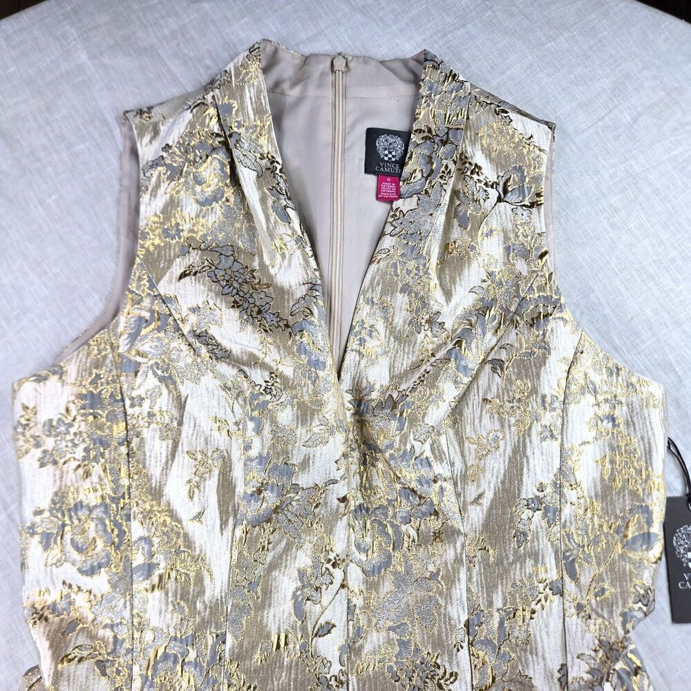 Vince Camuto Metallic Floral Jacquard Fit & Flare Dress Gold Gray 12 NWT - Picture 4 of 15